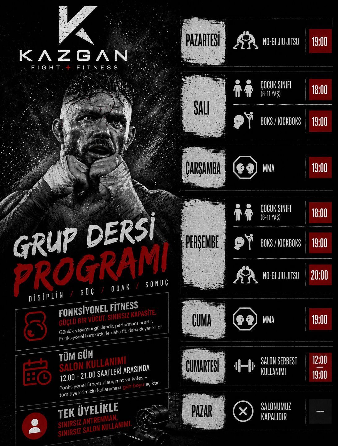 Kazgan Fight + Fitness Grup Dersi Programı